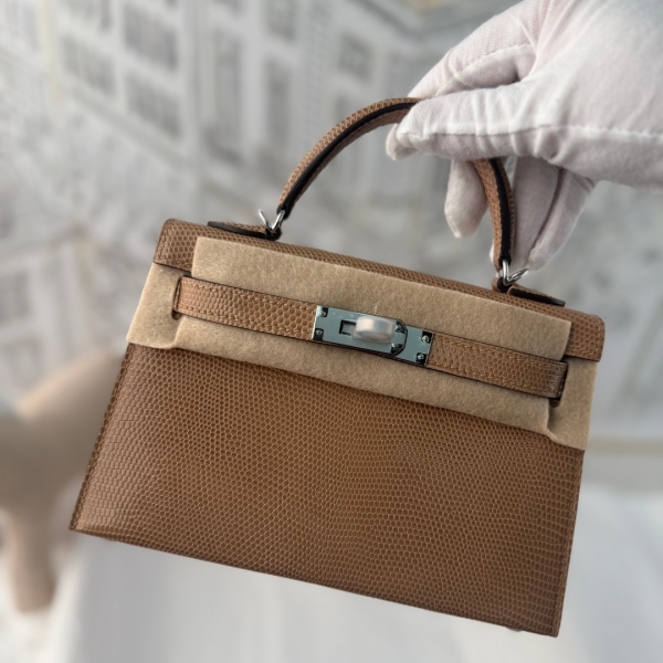 【エルメス HERMES】ミニケリー2 リザード ゴールド (37)シルバー金具 (100%手縫い)